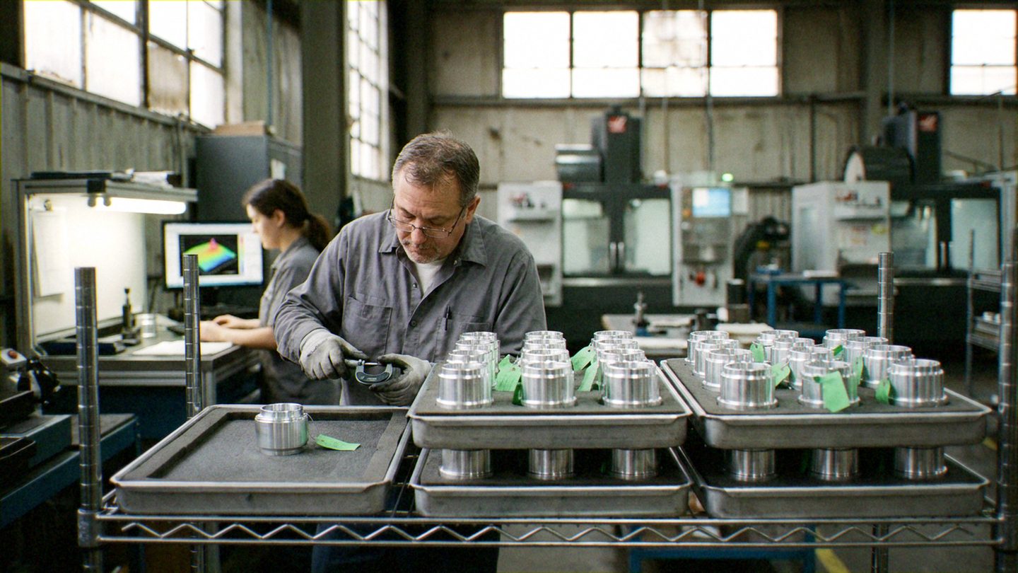 ['Skilled technician', 'machined metal components', 'precision measurement tools', 'CNC machining centers']. The technician is performing dimensional inspection to verify that the manufactured components meet engineering specifications.. Precision manufacturing and quality.