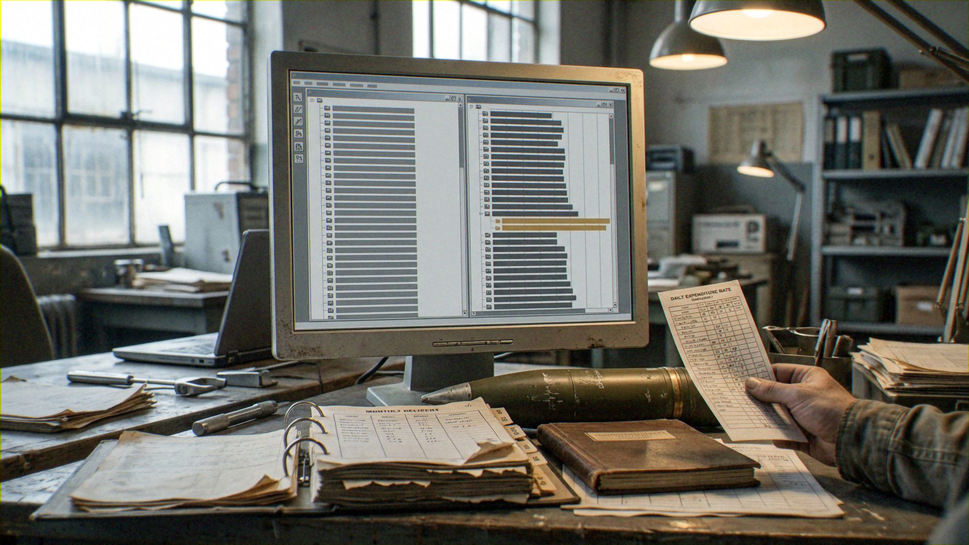 ['A logistical analyst or clerk', 'A digital inventory management system (computer monitor)', 'Physical record-keeping systems (binders and handwritten ledgers)', 'Military ordnance (an artillery shell)']. The analyst is performing a manual cross-reference between physical.
