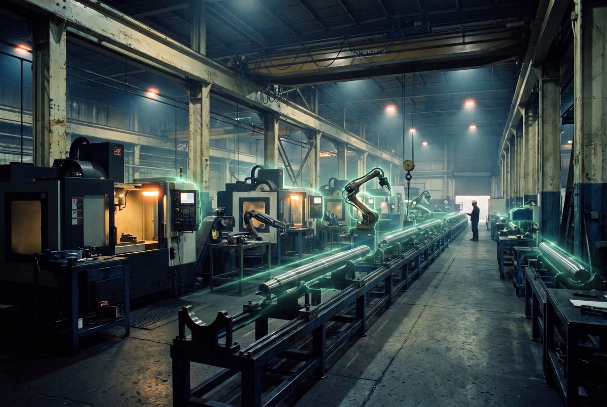 A long final-assembly bay in an older defence plant at night shift, CNC machining centres and robotic arms in motion, with a faint emerald luminance tracing the contours of the existing machinery and the path between stations.