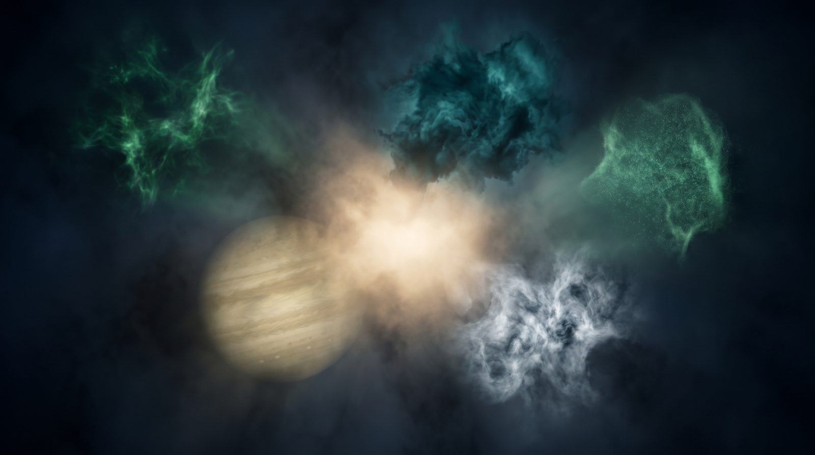 Five vast luminous clouds of differing texture and hue hanging in dark haze, each fading into unlit darkness across part of its own body, throwing light across the space so that the centre where they all overlap is completely and brilliantly lit.